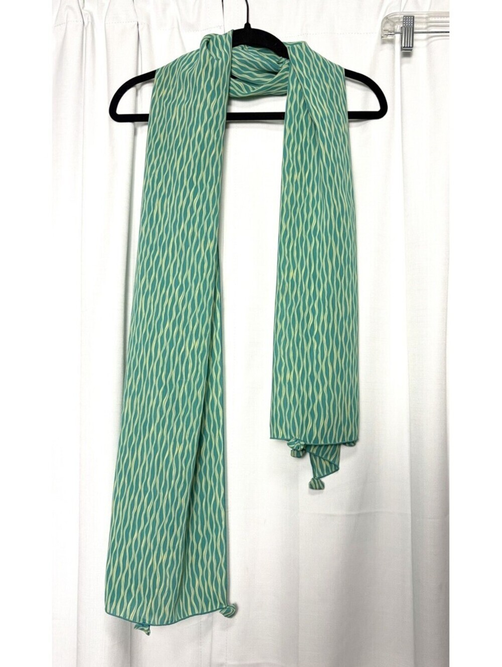 Vintage 1980s Ellen Raines Martin Blue Green Printed Notched Long Slinky Scarf